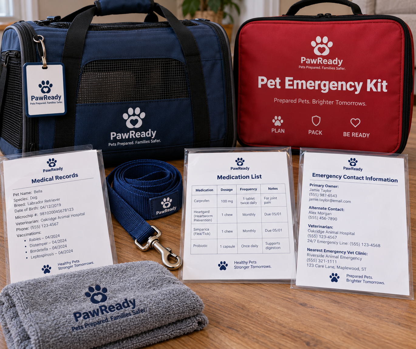 Pet emergency preparedness kit with veterinary records and supplies