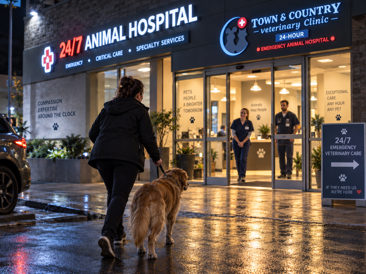 Pet owner arriving at a 24hr emergency vet with a sick dog
